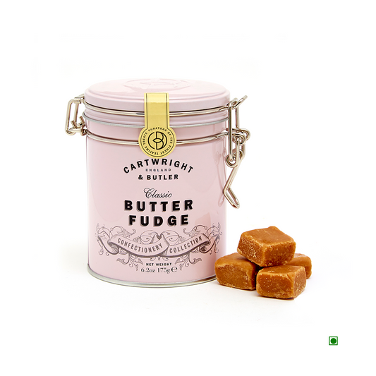 Creamy Cartwright & Butler butter fudge in a pink tin.