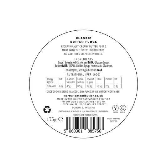 Circular label of Cartwright & Butler Butter Fudge Tin 175g, crafted from a Scottish recipe. It features ingredients, nutritional information per 100g, weight (175g), barcode, product code, and storage instructions. This creamy fudge makes an ideal gift for any occasion.