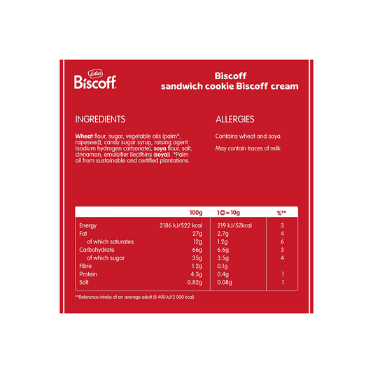 Image of a Lotus Biscoff sandwich cookie packaging showing ingredients, allergen information, and nutritional values.