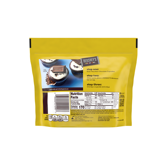 Back of a Hershey's Kisses milk chocolate bag displaying nutritional facts, preparation steps for a recipe, and branding involving Hershey's Miniatures 294g.