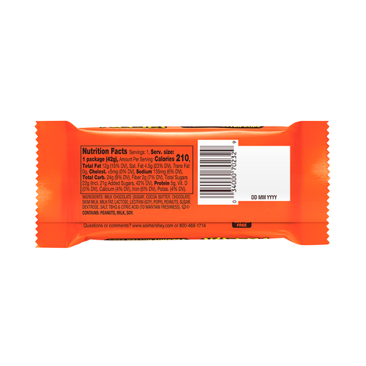 The back of the Reese's Peanut Butter Cup 42g snack pack showcases a white nutrition facts label and a barcode, ideal for gluten-free snacking on the go.