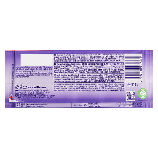 Back of a Milka Strawberry Yoghurt Milk Bar 100g showing ingredients, nutritional information, barcode, and company details on a purple background. Now with the delightful addition of Strawberry Cream for that extra special treat.