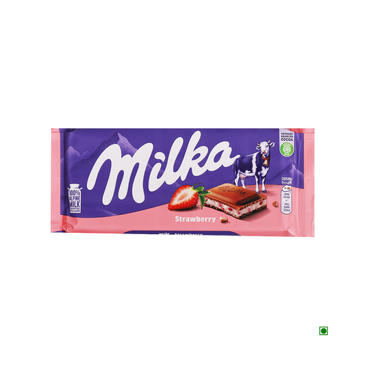 Milka's Milka Strawberry Yoghurt Milk Bar 100g comes in eye-catching purple and pink packaging, adorned with a cow and a strawberry on the label. Indulge in its creamy strawberry-cream filling encased in smooth Alpine milk chocolate.