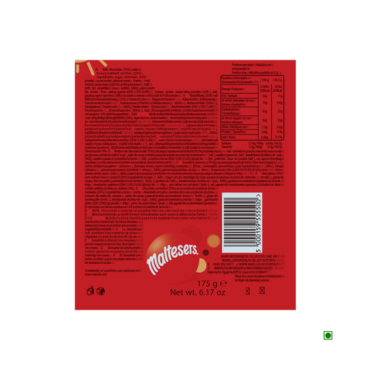 Back of a Maltesers Milk Pouch 175g by Malteser, showing ingredients, nutrition info, barcode, weight (175g/6.17oz), and logo on red—highlighting their signature milk chocolate and honeycombed centers.