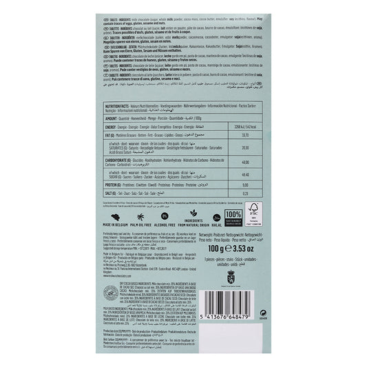 Back of a Neuhaus Milk 35% Cocoa 100g Bar package displaying nutritional facts, ingredients list, and barcodes in multiple languages, including details about Belgian milk chocolate and cocoa beans.
