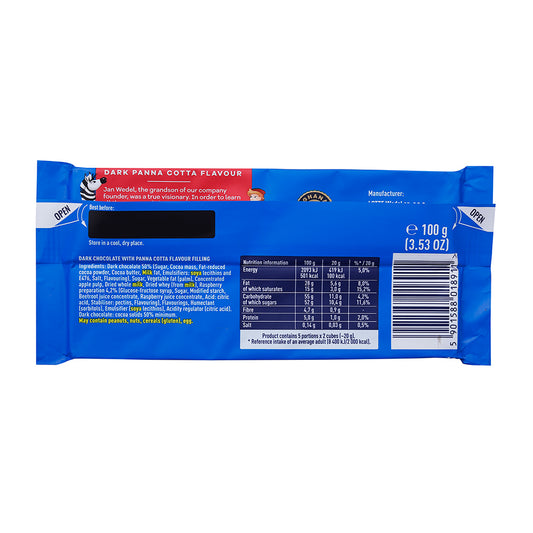 Wedel Dark Chocolate With Panna Cotta Filling Bar 100g with Wedel brand name displayed.