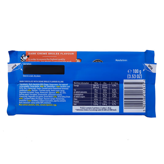 An image of a Wedel Dark Chocolate With Creme Brulee Filling Bar 100g on a white background.