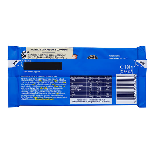 An image of a Wedel Dark Chocolate With Tiramisu Filling Bar 100g on a white background.