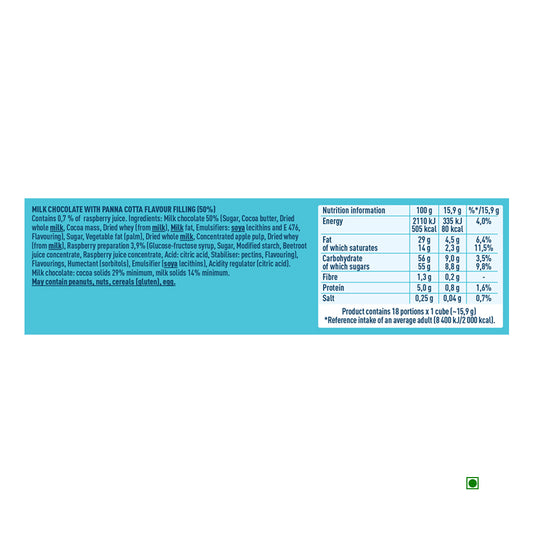 Image of nutrition label for Wedel Milk Chocolate With Panna Cotta Filling Bar 287g, showcasing ingredients and nutritional info. Highlights include sugar, cocoa butter, milk, and fruit purée from Poland's largest confectionery brand.