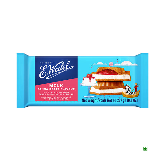 The Wedel Milk Chocolate With Panna Cotta Filling Bar, from Poland's top confectionery brand, offers a decadent dessert experience in eye-catching blue and red packaging, weighing 287g (10.1 oz).