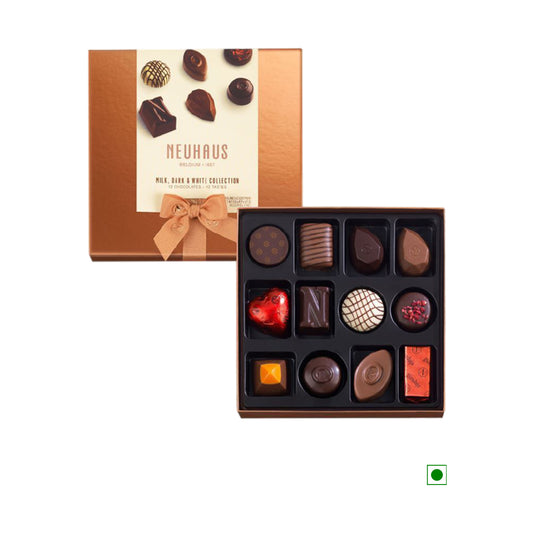 A box of Neuhaus Milk Dark White Collection 12pc 141g chocolates in a brown gift box.