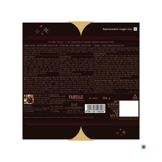 The back of the Fabelle The Bars Trilogy With Tiramisu 386g pack displays ingredients, barcode, and nutritional info on a dark background. Proudly crafted with care in India, the country of origin is clearly marked for assurance.