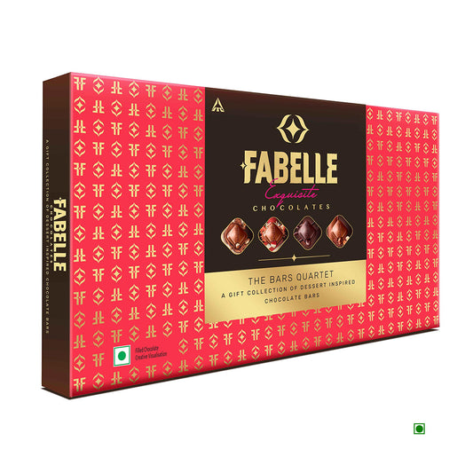 A box of Fabelle The Bars Quartet 512g showcases dessert-inspired chocolate bars in red and gold packaging, crafted in India.