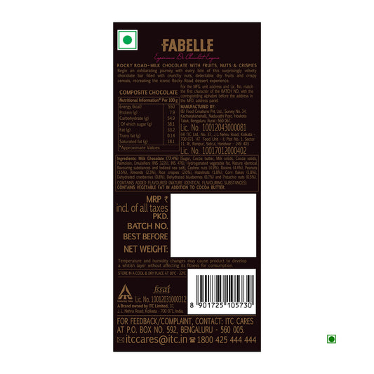 The Fabelle Rocky Road Milk Chocolate Bar 120g package highlights detailed info like ingredients, nutritional facts, and contact details. A green dot indicates it's vegetarian. Crafted with precision in India, it proudly reflects its rich country of origin.