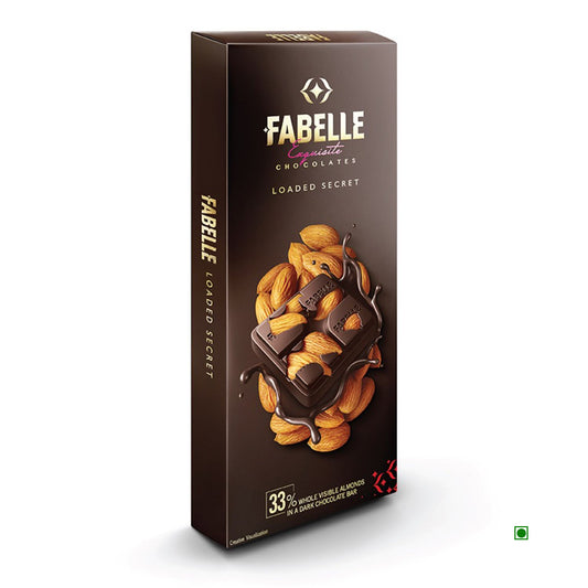 Enjoy a 115g Fabelle Loaded Secret Dark Chocolate Bar from India, featuring luscious dark chocolate with 33% whole almonds, surrounded by almond-chocolate goodness.