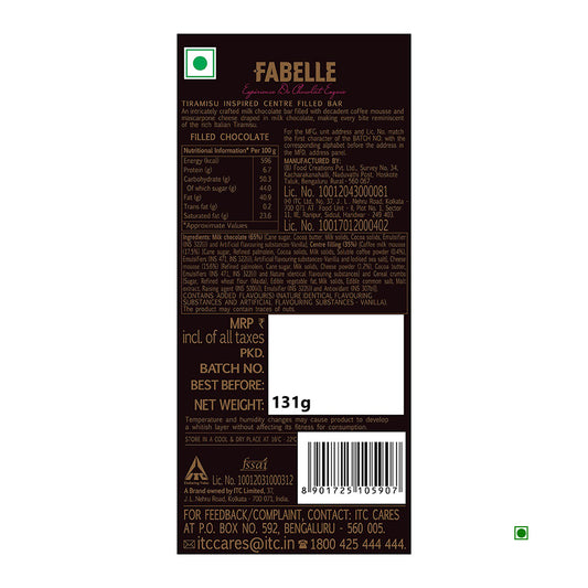 The Fabelle Tiramisu Milk Chocolate Bar packaging features nutritional info and ingredients on a brown background. It weighs 131g, includes a barcode, customer contact details at the bottom, and prominently displays its country of origin: India.