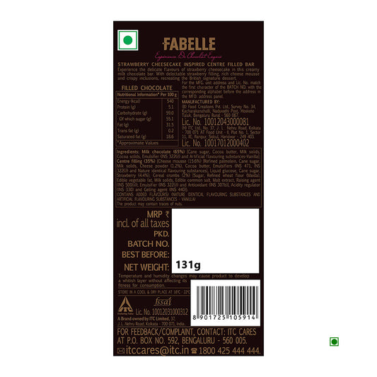 The back of the Fabelle Strawberry Cheesecake Milk Bar 131g packaging features nutritional info, ingredients, a barcode, and contact details. Proudly crafted in India by Fabelle.