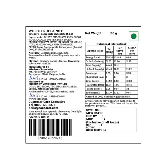 Nutrition label for a Rhine Valley White Fruit & Nut 100g composite bar with Californian almonds. Lists ingredients, nutritional information, manufacturer details, batch number, and storage instructions. Made in India.
