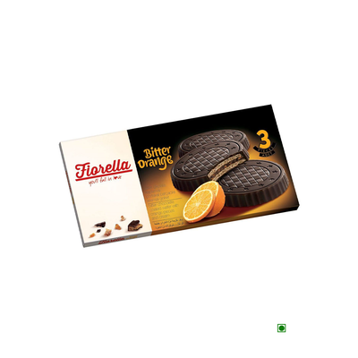 Packaging of Cococart India's Elvan Fiorella Crunchy Orange Cream With Bitter Chocolate Wafer pack of 5 (60g X 5) showing three chocolate-coated cookies and a sliced orange on the front.