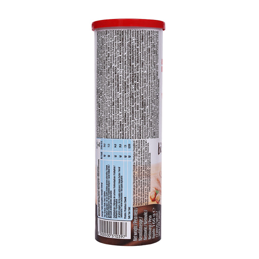 A cylindrical container with a red lid that displays nutritional information and a barcode contains the tasty Ferrero Nutella Biscuits T12 166g from Kinder.