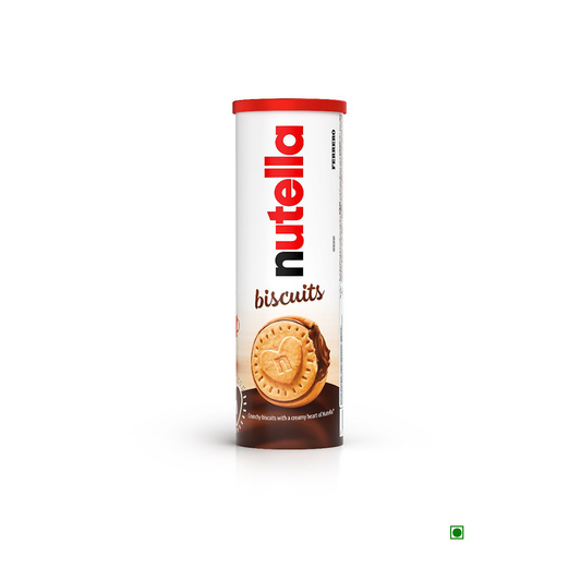 A cylindrical Ferrero Nutella Biscuits T12 package (166g) from Kinder, featuring a red lid and signature branding, offers a delightful treat with crunchy biscuits encasing a luscious creamy center that will enchant your taste buds.