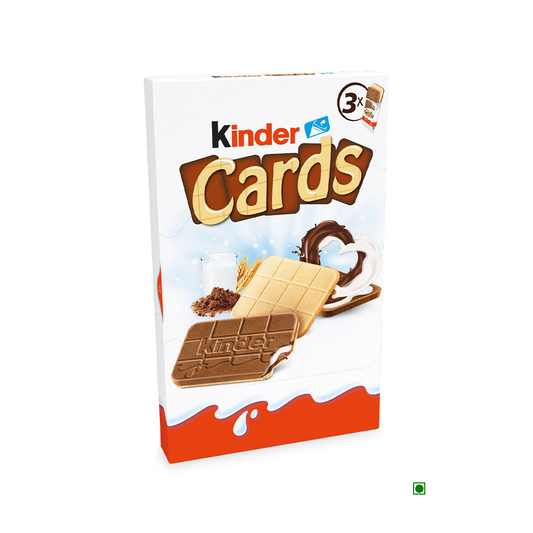 The Kinder Cards T(2X3) 76.80g box by Kinder features an image of chocolate wafer treats, highlighted by icons indicating creamy milk filling, cocoa wafers, and hazelnuts on the front.