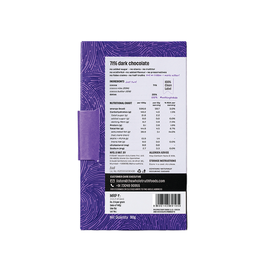 Back label of The Whole Truth 71% Dark Chocolate 90g bar with nutritional information and ingredients listed. Country of Origin: India.