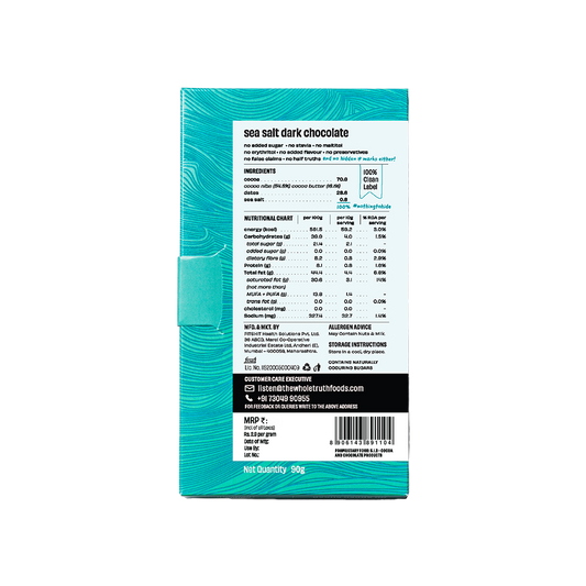The back of The Whole Truth Sea Salt Dark Chocolate 90g with a sea salt and cocoa flavor on a blue background.