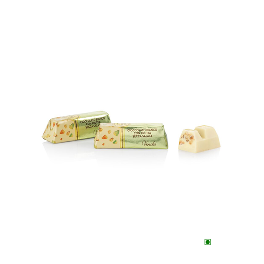 Two pieces of Pick & Mix : Venchi White Salted Ingot 100/250g on a white surface.