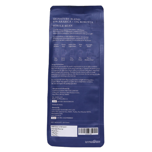 Back view of a Rhine Valley coffee bag featuring the Rhine Valley Signature Blend composition, brewing instructions, and company contact information.