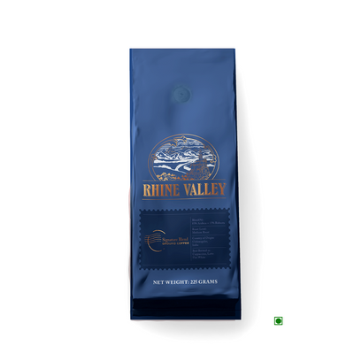A blend of Rhine Valley Signature Blend Ground Coffee 225g from River Valley.