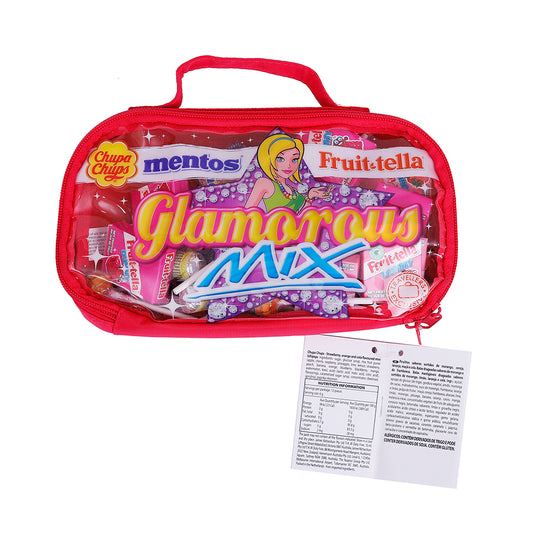 The Mentos Mix of Mini Travel Kit 300g by Mentos contains a red zippered pouch filled with an assortment of candies, such as Mentos, Fruitella, and Chupa Chups, dubbed the "Glamorous Mix." A white tag with small text is attached to the bottom corner. This delightful gift idea comes in a reusable bag.