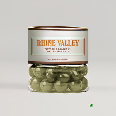 A jar of Rhine Valley Pistachio White Dragees 100g from the Rhine Valley.