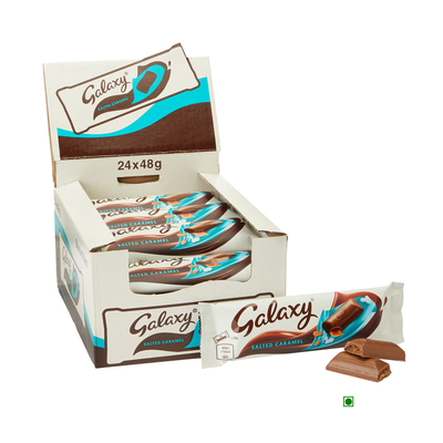 A box of Galaxy Salted Caramel Bar (Pack of 24) 960g in front of a white background.