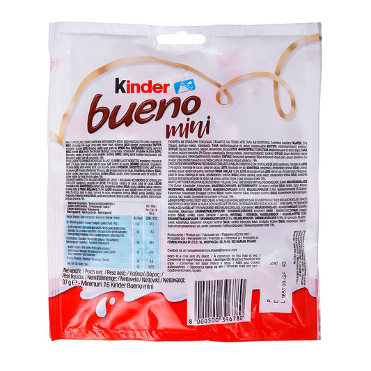 The Kinder Bueno Bites T18 97.20g package showcases nutritional information and a barcode, emphasizing its irresistible taste with a blend of hazelnuts and creamy milk chocolate.