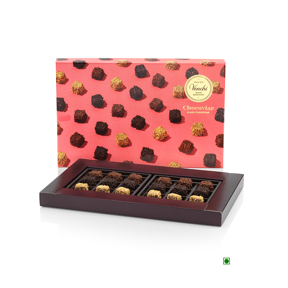 The ultimate gift - Venchi Mini Chocoviar Pralines Selection elegantly presented in a stunning pink gift box.