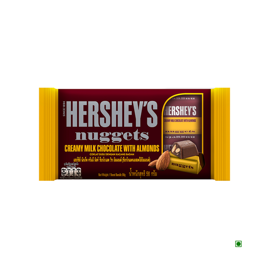 The Hershey's Nuggets Milk Bar 56g by Hershey's features creamy milk chocolate with crunchy almonds in gold and brown packaging, displaying product images and text in English and Thai.