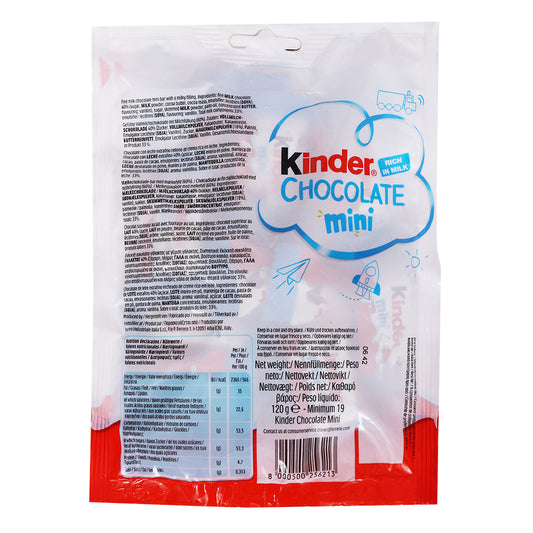 Back view of a Kinder Mini Chocolate T20 120g package showing nutritional information, ingredients list, and country of origin: Italy.