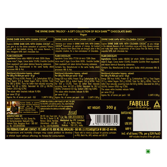 Fabelle's The Divine Dark Trilogy 300g chocolate bars include cocoa percentages, ingredients, and manufacturer info. Proudly vegan and made in India.