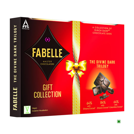 Fabelle's "The Divine Dark Trilogy" 300g gift box includes three luxurious dark chocolate bars with 64% cocoa sourced from Ghana and Colombia, highlighting India's exceptional chocolatiers.