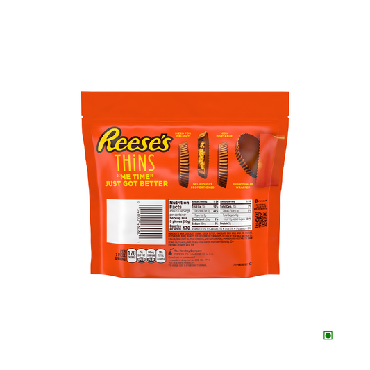 Back of a Reese's Thins Milk Chocolate Peanut Butter Cups 208g package with product images, nutrition facts, company details, and info about individually wrapped treats.