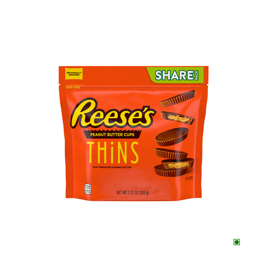 A 208g bag of Reese's Thins Milk Chocolate Peanut Butter Cups features individually wrapped treats in a resealable orange pack for freshness and easy sharing.