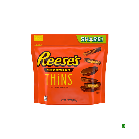 A bag of Hershey's Reese's Thins Milk Chocolate Peanut Butter Cups 208g, featuring the classic chocolate and peanut butter flavor, with a 'Share Pack' label. The orange bag weighs 7.37 oz (209 g).