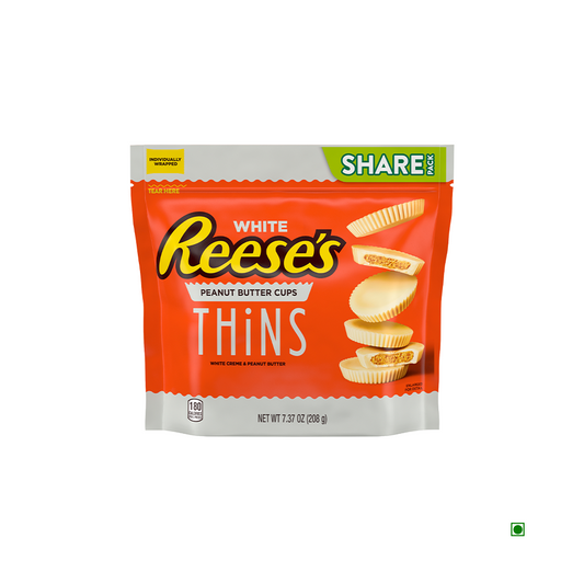 A package of Hershey's Reese's Thins White Creme Peanut Butter Cups 208g. The bag is orange and white with "Share Pack" written on it. The net weight is 7.37 oz (208 g).