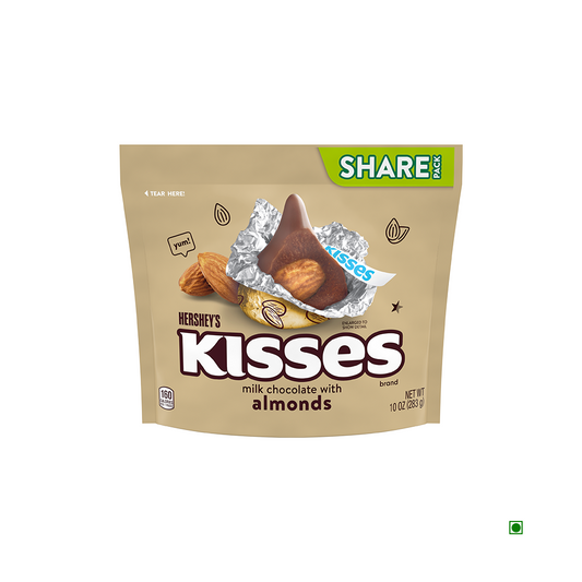 A beige bag of Hershey's Hershey's Kisses Milk with Almonds Bag 283g, weighing 10 oz. The bag features an image of the chocolates and an almond, with a "Share Pack" label in the top right corner.
