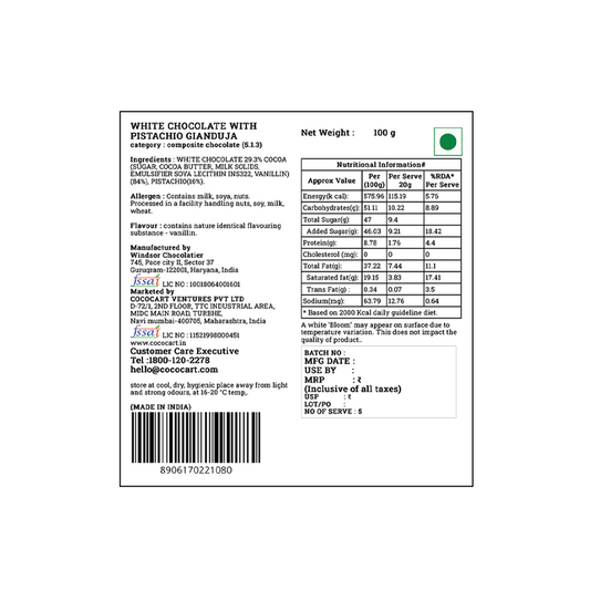 Back label of Rhine Valley White Chocolate with Pistachio Gianduja 100g, showcasing a luxurious indulgence. Contains ingredients, allergen information, nutritional values, storage instructions, manufacturer details, and contact information.