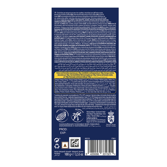 Back of a Leonidas Dark 54% Orange Bar 100g packaging with text in multiple languages, nutritional information, and barcodes. Highlighted text in orange at the bottom.