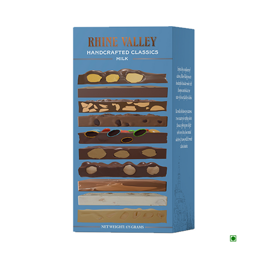 A box of Rhine Valley Handcrafted Classics Milk Chocolate 175g, featuring enticing images of delectable chocolates on the front, highlights the exceptional craftsmanship and rich flavors.