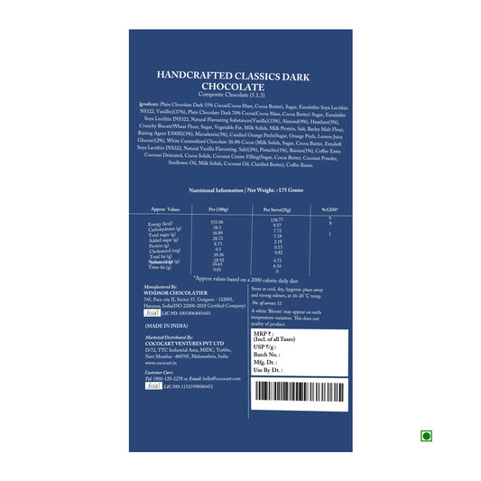 A packaging label in dark blue for Rhine Valley's Handcrafted Classics Dark Chocolate, 175g, made in India. It features information on ingredients, nutritional facts, manufacturer details, and includes a barcode.