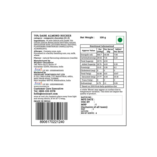Label of a Rhine Valley 70% Dark Almond Rocher 100g bar, featuring ingredients, nutritional information, almond slivers, contact details, allergen warnings, manufacture in India, best before dates, and a barcode.